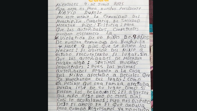 En la carta dirigida al presidente Nayib Bukele, la comunidad le pide que se haga justicia en el caso del abuso contra el menor de edad. Foto Cortesía