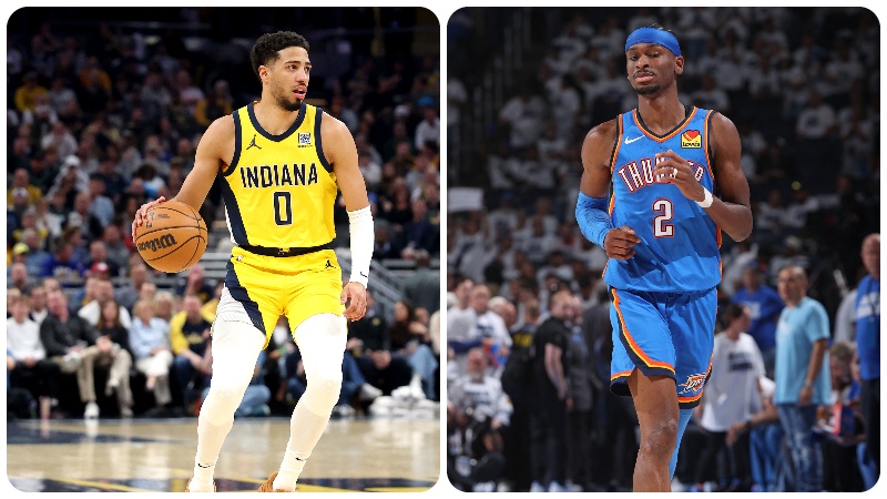 Tyrese Haliburton (i.), de los Pacers, y Shai Gilgeous-Alexander, de los Thunder, durante partidos pasados. Desde hoy se miden en las finales. Fotos EDH/AFP.