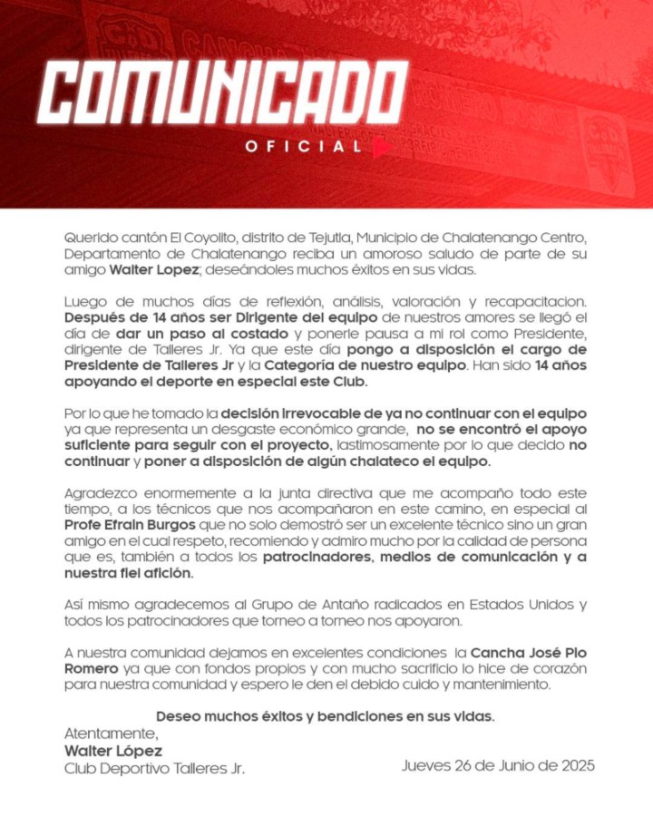 Primer Comunicado Talleres Jr