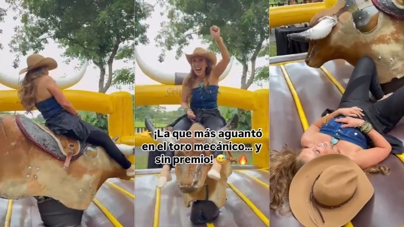 Verónica Safie demostró sus habilidades montando a un toro mecánico. / 