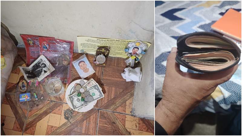 Altar a San Simón, señas y dinero en efectivo, fue lo encontrado en allanamientos a viviendas de estudiantes. Foto / Fiscalía