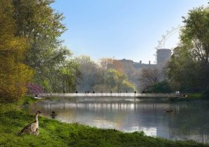 Impresión artística de un puente de cristal inspirado en la tiara nupcial de la difunta reina Isabel II de Gran Bretaña, como parte del Monumento a la Reina Isabel II que diseñará el reconocido arquitecto británico Norman Foster en St. James's Park, junto al Palacio de Buckingham. Foto: AFP / Foster + Partners