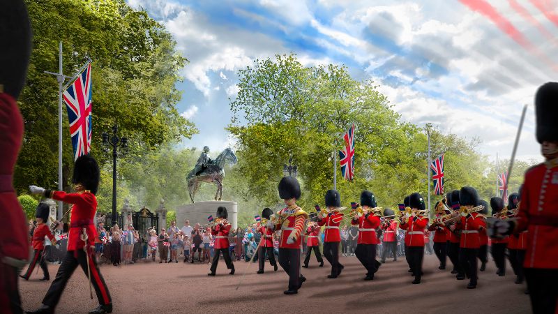 Al fondo una escultura que representa a la difunta reina Isabel II de Gran Bretaña a caballo. Famoso por sus diseños que fusionan tecnología y naturaleza, transformando paisajes urbanos modernos, Foster, de 90 años, afirmó que la oportunidad era un "honor y un privilegio". Foto: AFP / Foster + Partners