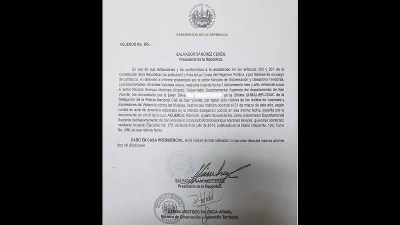 Acuerdo presidencial- 2019-Enrique Martínez Álvarez- Gobernador-San Vicente
