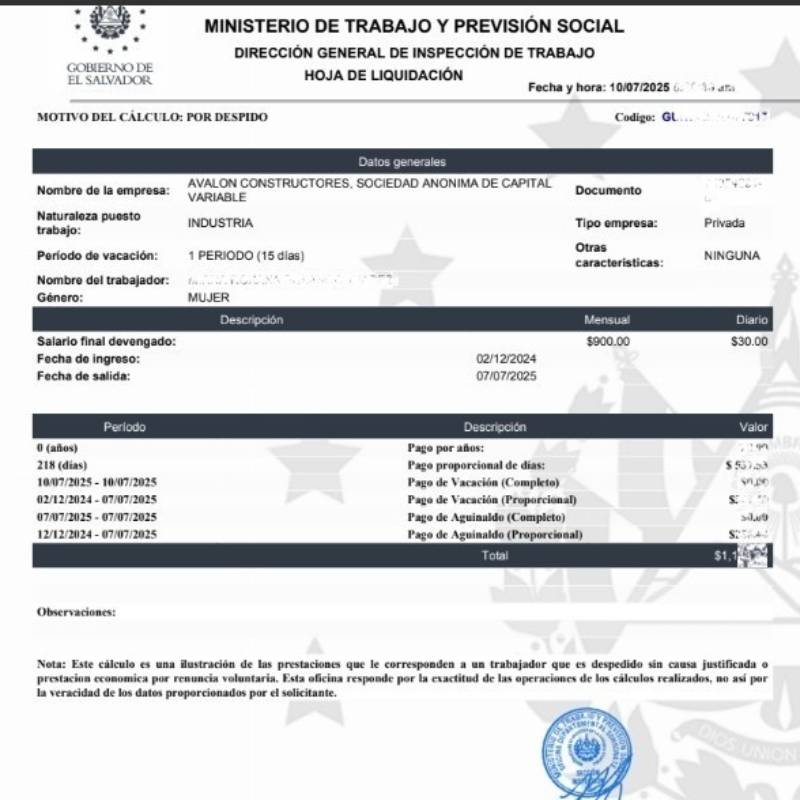 Avalon Construccion ministerio trabajo