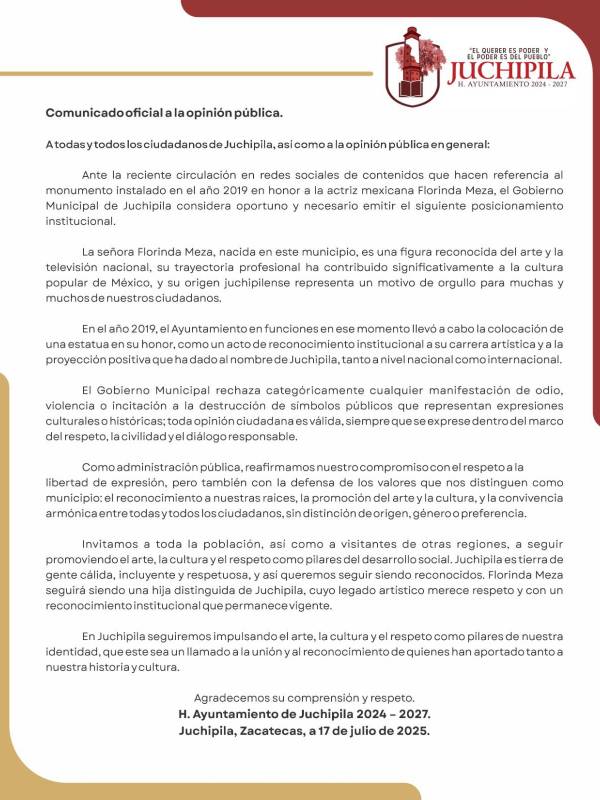 Comunicado del Ayuntamiento caso estatua Florinda Meza