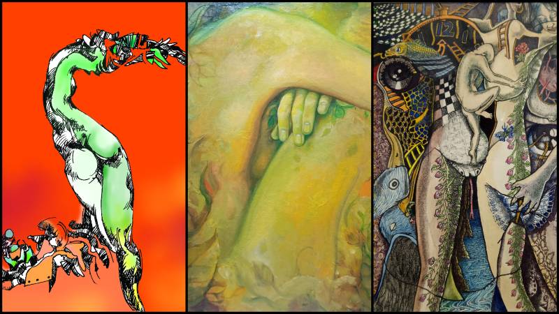 Parte de obras de los creadores nacionales Héctor Hernández (i), Gilberto Arriaza y Dagoberto Nolasco. / 