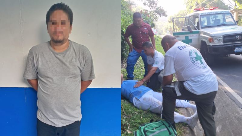 Sujeto colisionó su vehículo con una motocicleta en la colonia Miramar, en Los Planes de Renderos. Foto EDH & Cortesía PNC y Cruz Verde.