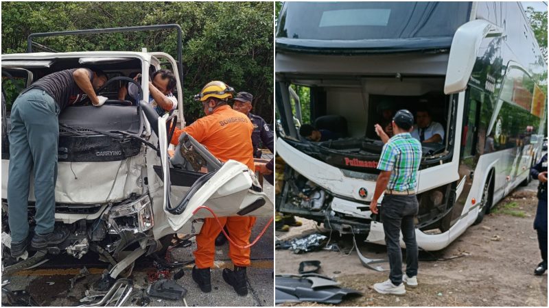 Un hombre quedó entre los hierros del bus y el otro en el camión. Foto / Cortesía