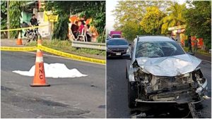 A la izquierda el cuerpo del motociclista y a la derecha los daños del auto con el cual chocó. Foto / Cortesía Comandos