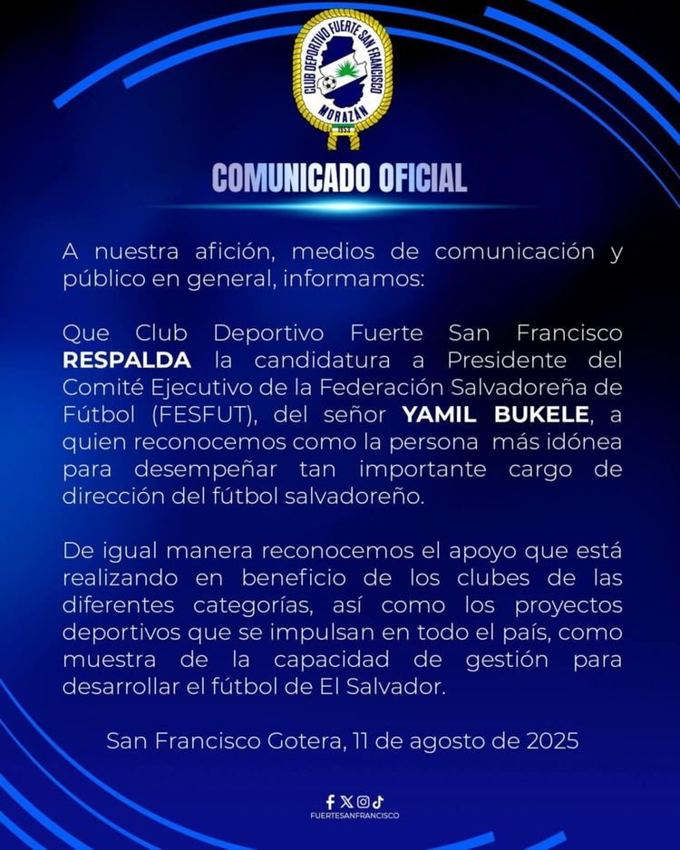 Fuerte SF comunicado apoyo Yamil Bukele Fesfut