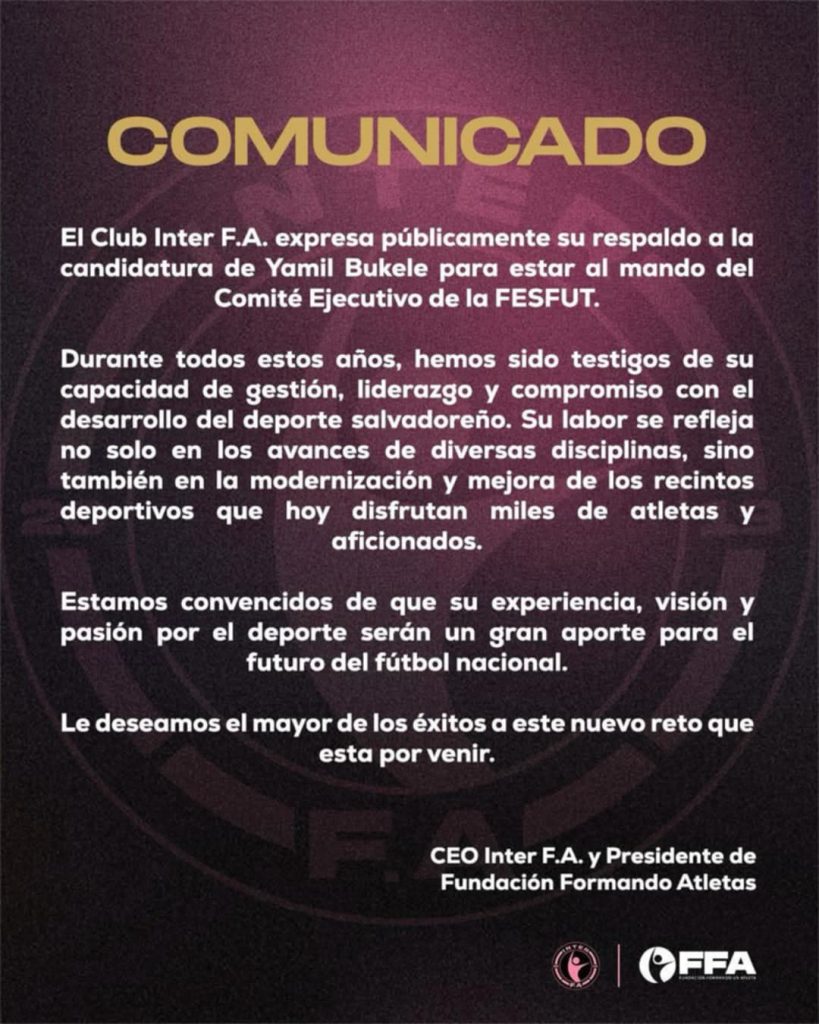 Inter FA comunicado apoyo Yamil Bukele Fesfut