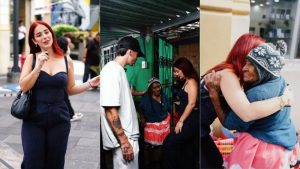 Nicolle Figuera y Augusto ayudan a una viejita