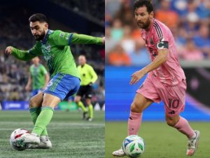 Alex Roldán, del Seattle Sounders (izq.) y Lionel Messi, del Inter Miami (der.). Foto / elsalvador.com