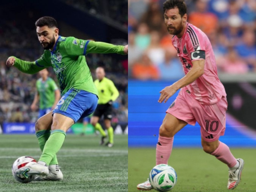Alex Roldán, del Seattle Sounders (izq.) y Lionel Messi, del Inter Miami (der.). Foto / elsalvador.com
