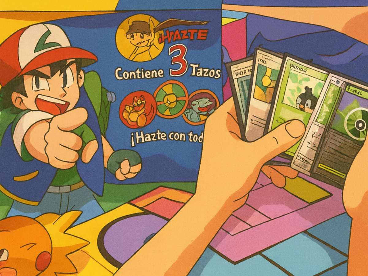 Ilustración de cartas de Pokémon y tazos e colección