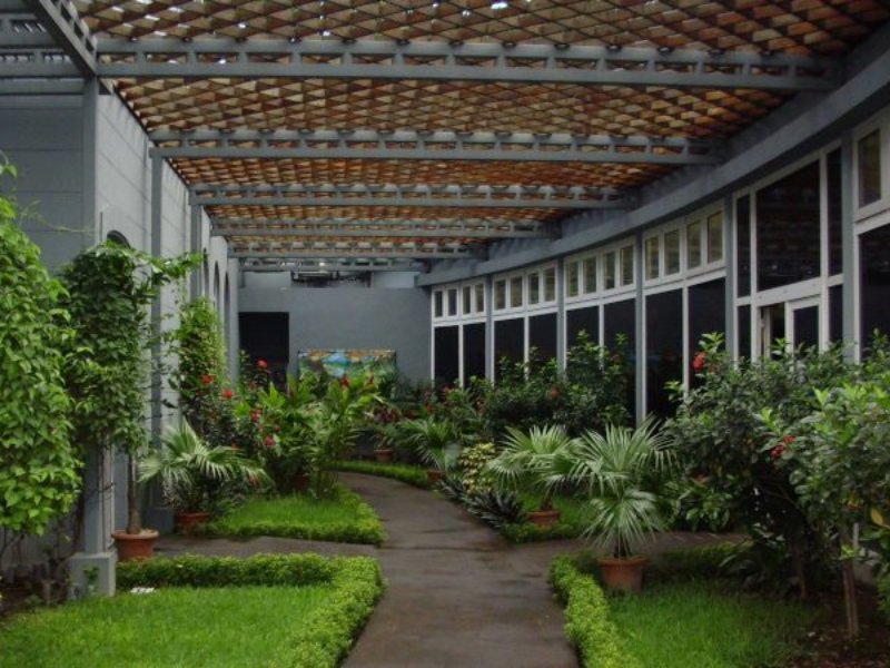 Jardín interior en la parte posterior de la Casa Dueñas y delante de su biblioteca y sala de conferencias.