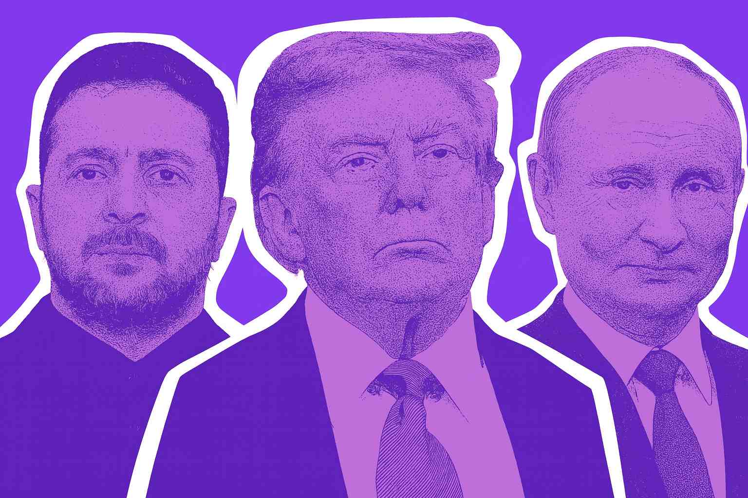 Ilustración de los presidentes de Estados Unidos, Rusia y Ucrania