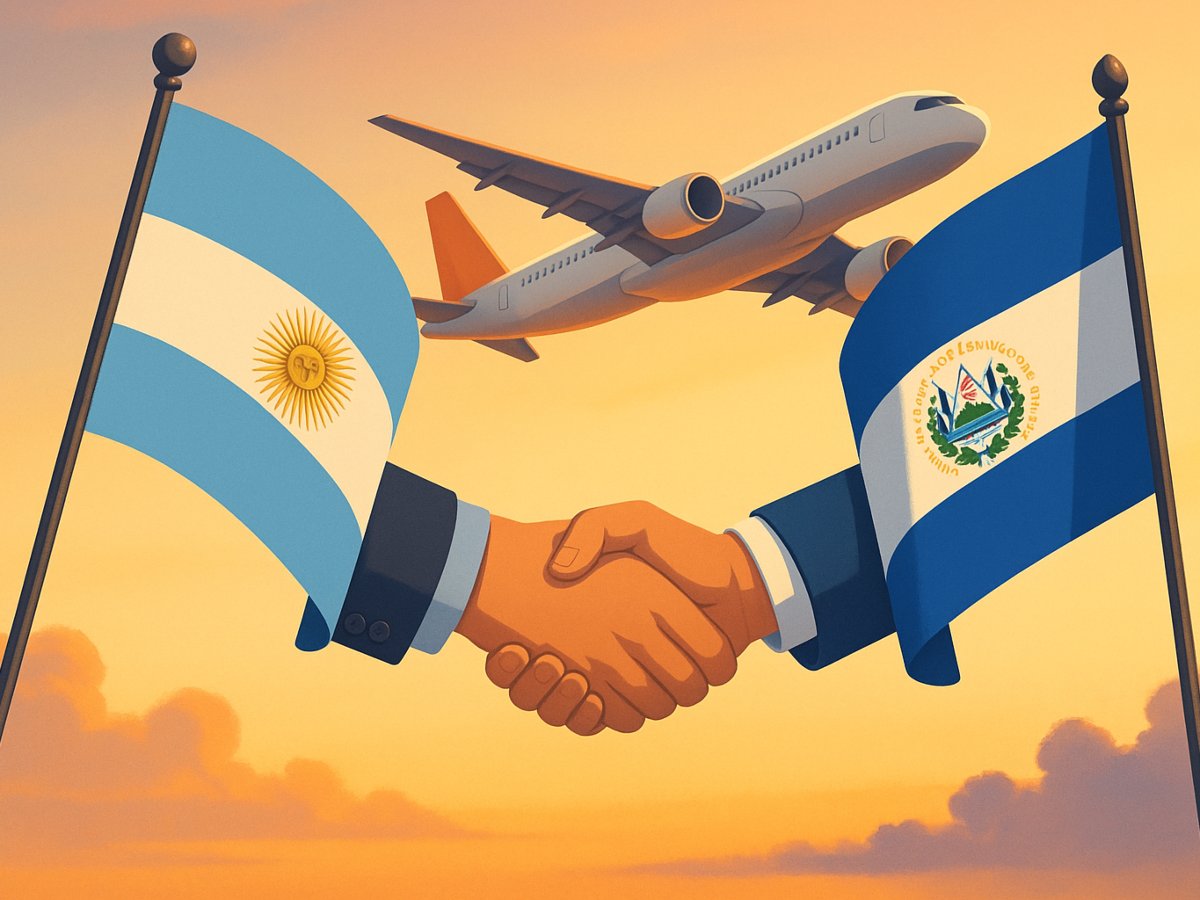 Imagen de la bandera de Argentina y El Salvador, con un avión en medio.