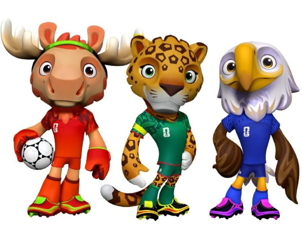 Maple, Zayu y Clutch —un alce, un jaguar y un águila— representan a Canadá, México y Estados Unidos, respectivamente. Foto FIFA