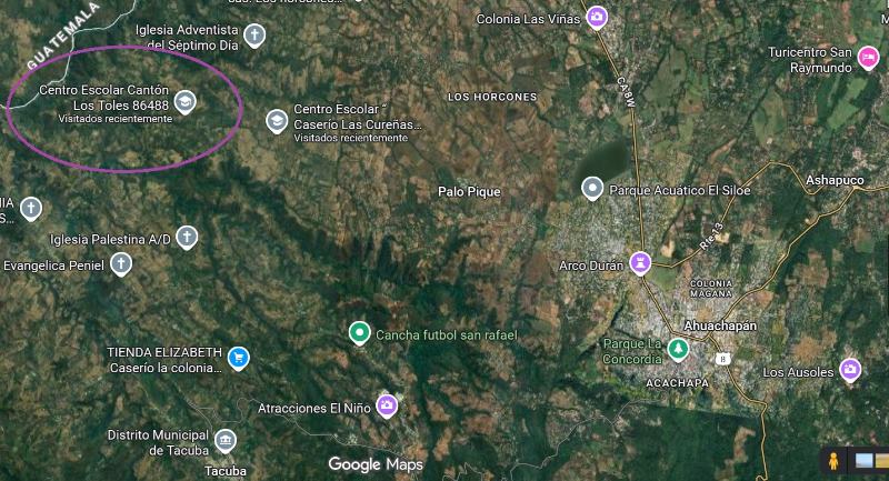 En el círculo, ubicación del Centro Escolar Los Toles, en Ahuachapán. El presidente Bukele anunció el 15 de septiembre de 2025 que dicho centro educativo será remodelado. / Imagen de Google Maps