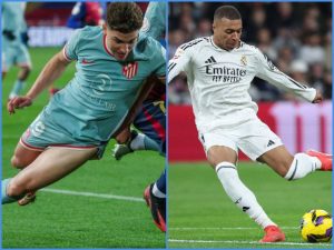 Julián Álvarez (izq.) y Kylian Mbappé (der.) se enfrentan en el derbi madrileño. Foto Agencias