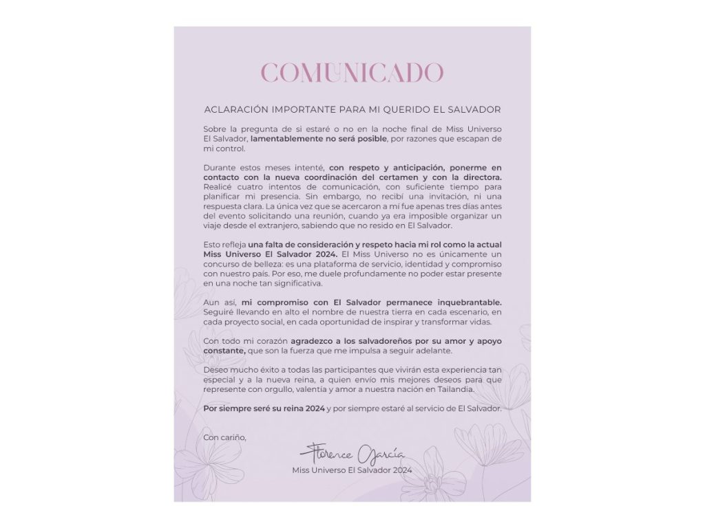 En un comunicado, Florence García denunció falta de coordinación e invitación por parte de la organización.