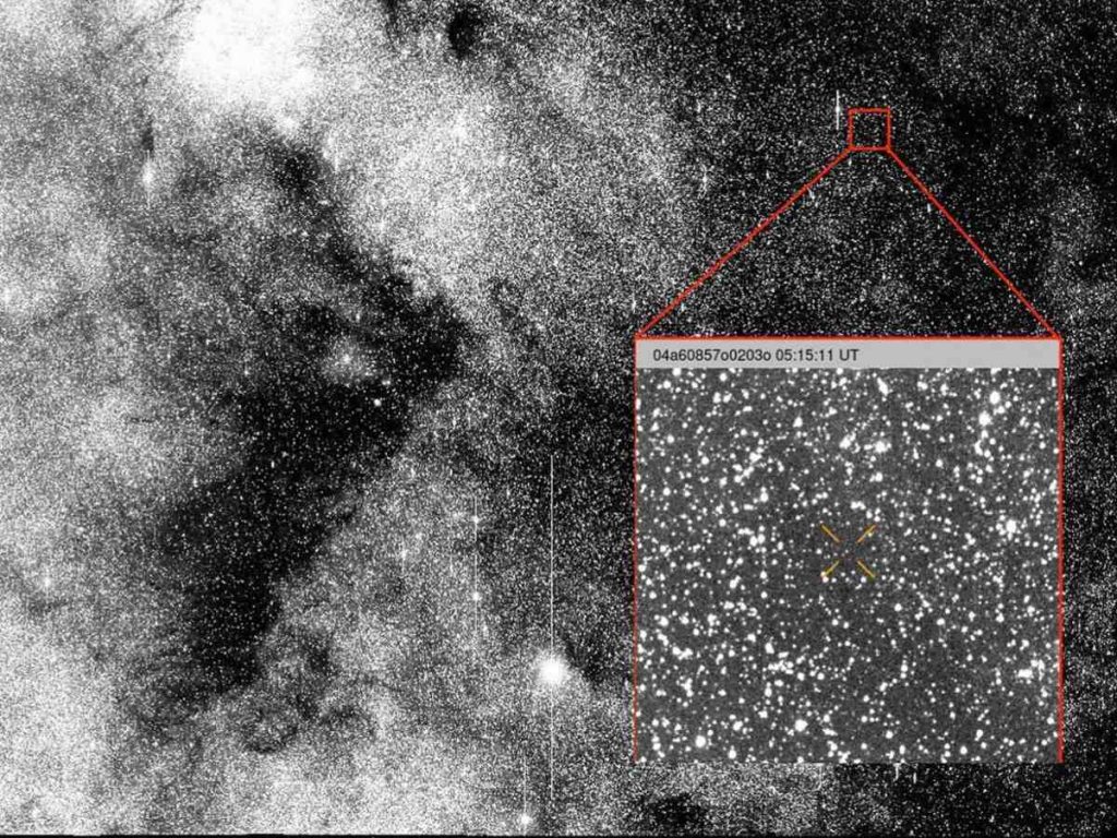 Esta imagen muestra la observación del cometa 3I/Atlas en el momento de su descubrimiento, el 1 de julio de 2025. El telescopio ATLAS, financiado por la NASA y ubicado en Chile, fue el primero en reportar que este visitante provenía del espacio interestelar. Fotografía/ science.nasa.gov