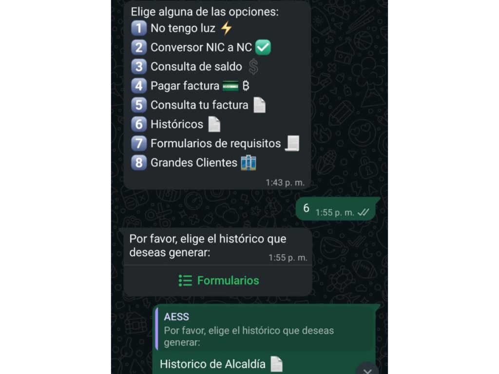 Este es el menú que se debe desplegar en el chat de Whatsapp de AESS. Imagen/ elsalvador.com