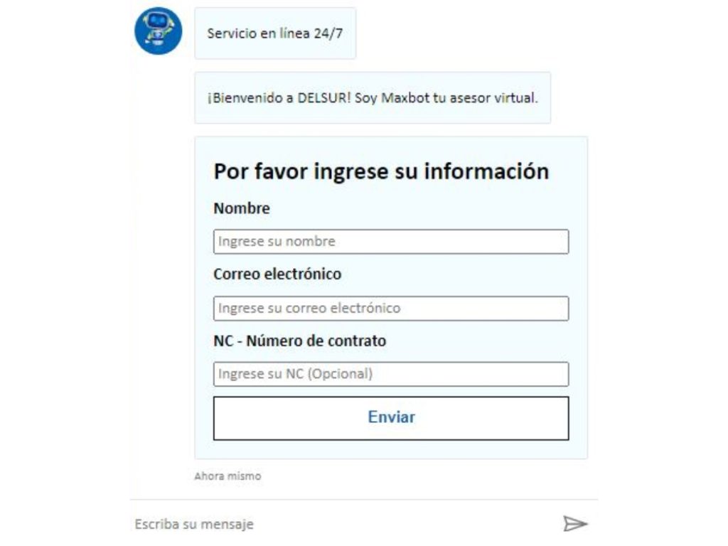Esta es el chat que se desplega en el sitio web de DELSUR. Ahí pedirás tu histórico. Imagen/ elsalvador.com