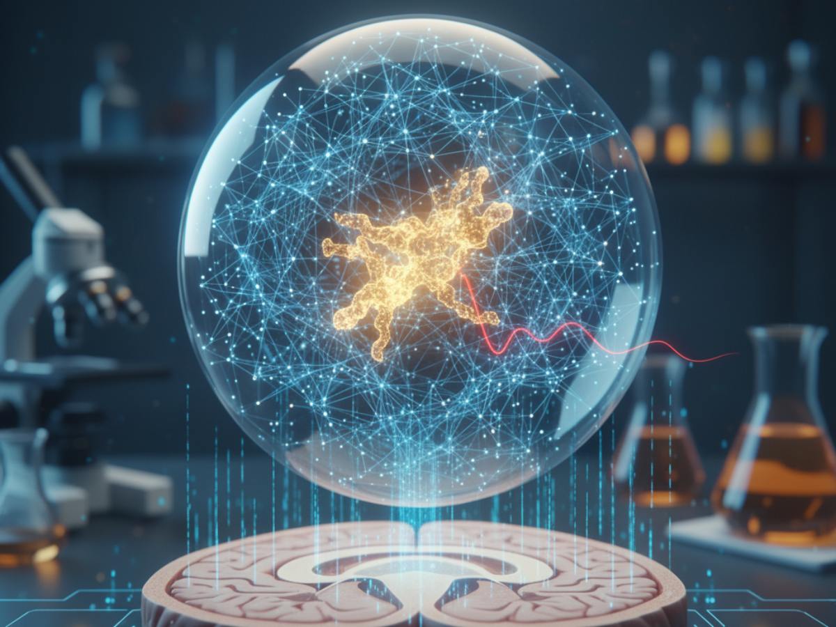 Modelo tridimensional del cerebro usado en el estudio para visualizar el aumento de TSPO, proteína vinculada al desarrollo temprano del Alzheimer.