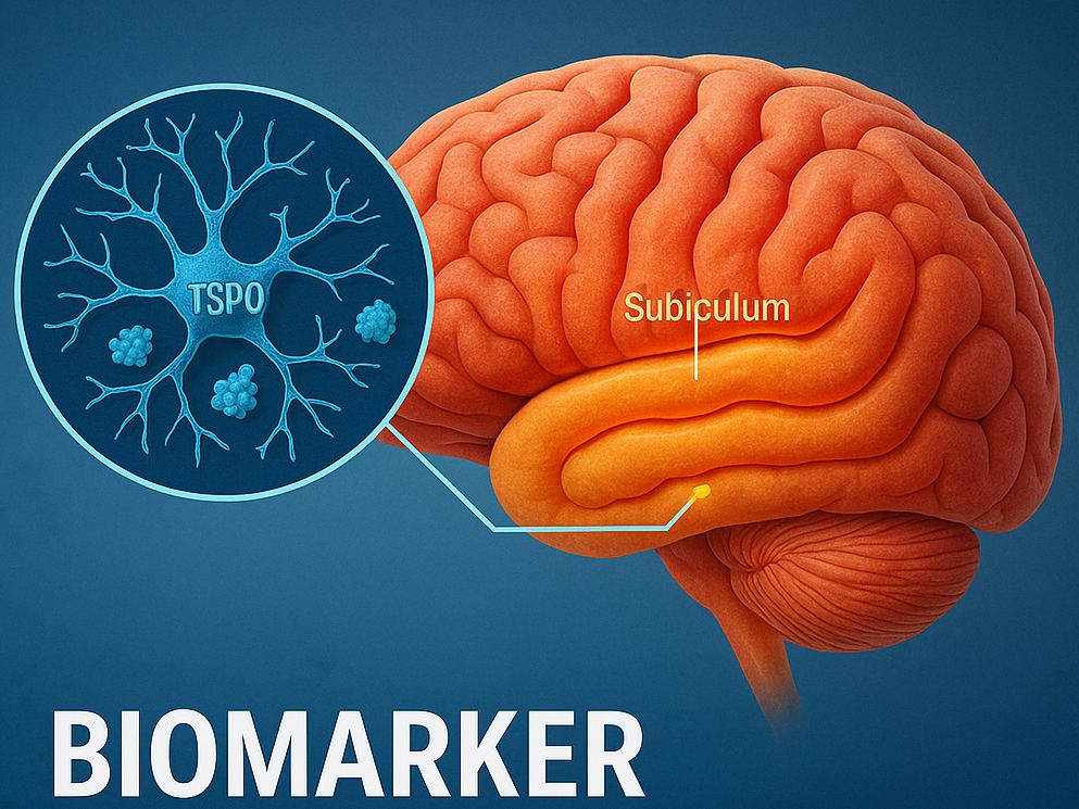 Representación del cerebro humano con el subículo resaltado, zona clave donde se detectó la proteína TSPO en etapas tempranas del Alzheimer.