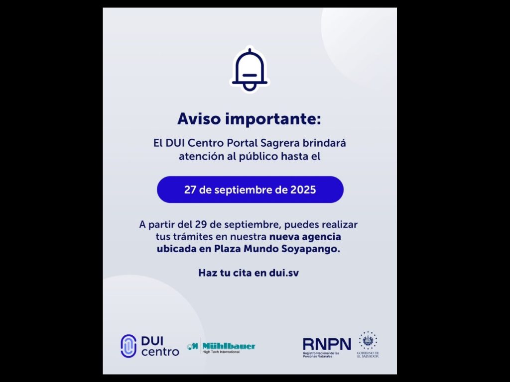 Comunicado de Duicentros donde afirma que el duicentro ubicado en el Portal Sagrera, en el Centro Histórico de San Salvador, cerrará operaciones este sábado 27 de septiembre de 2025. Foto: Duicentros