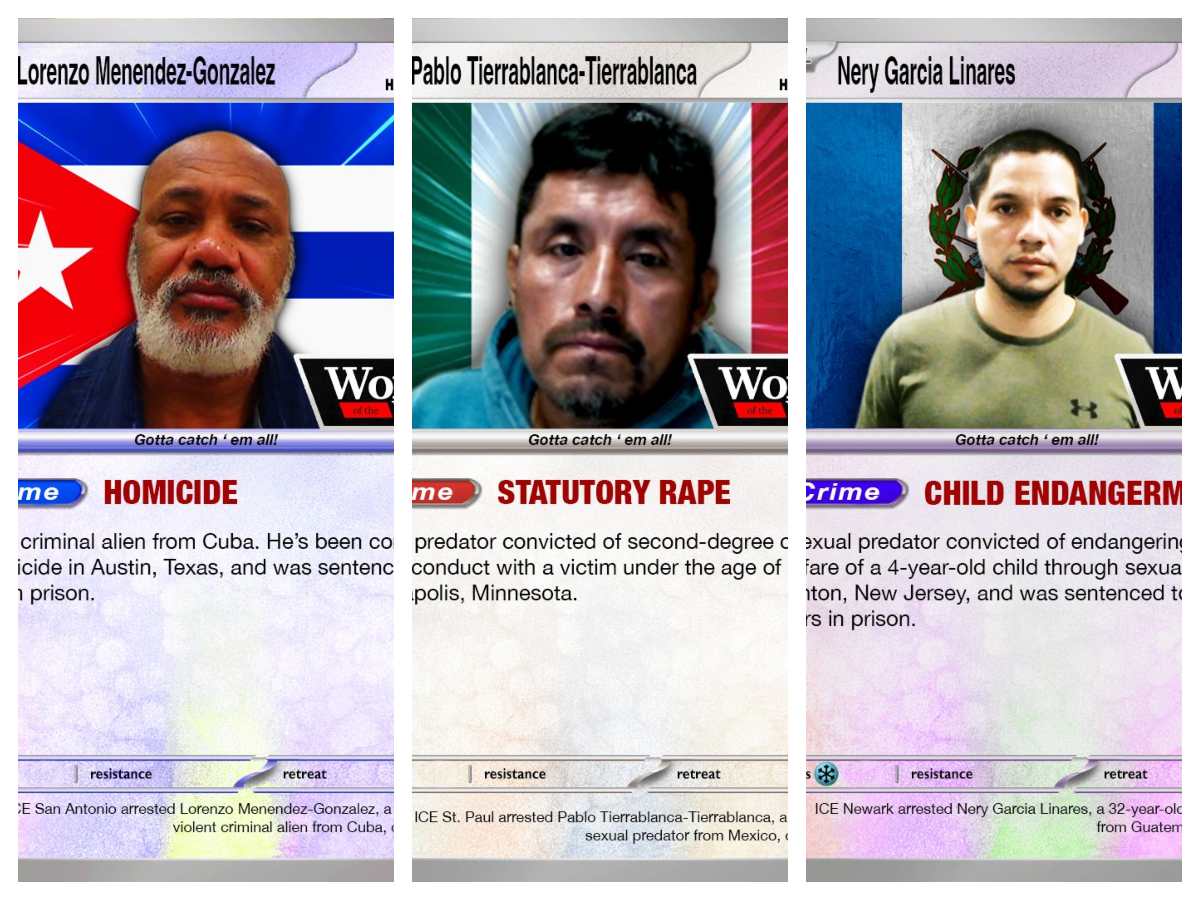 Cartas gráficas del video incluían nombre, país de origen y condena de los migrantes detenidos.