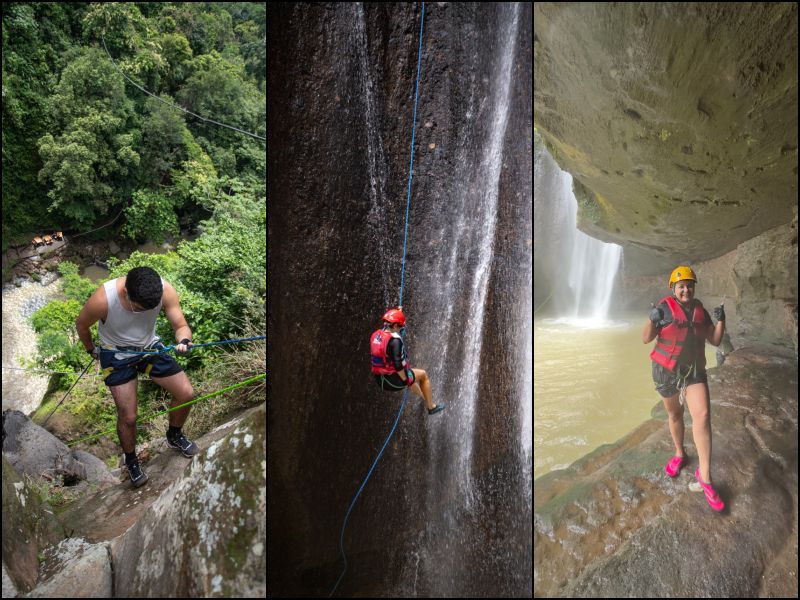 El inicio del descenso (Izq.) es la parte más difícil. Una vez tomada la posición sobre la pared de roca, inicia la liberación controlada de la cuerda con el arnés de seguridad (centro). Al terminar, se cae en la poza de la cascada, con la satisfacción de haber cumplido el desafío (Der.). / Fotos cortesía Soy Vago SV