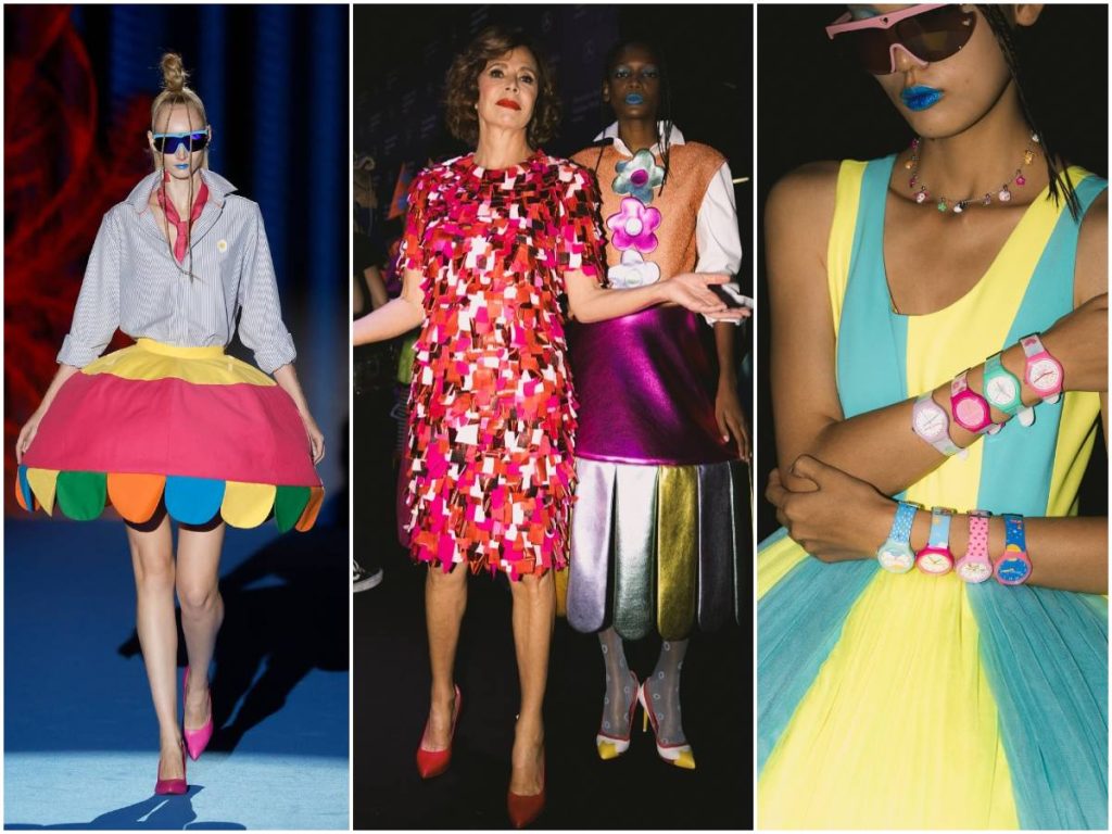 La diseñadora Agatha Ruiz de la Prada (centro) sorprendió en MBFW Madrid con una colección creada con inteligencia artificial, llena de color, volúmenes extremos y humor desbordante.