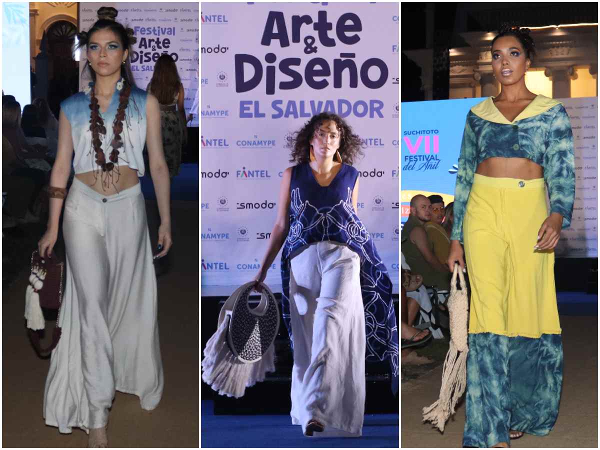 Looks de Tierra Azul, Anihra y Luna Azul se complementan con accesorios de Chiboleta, Handma y Ávalos, destacando la innovación artesanal en la pasarela del añil en Suchitoto.