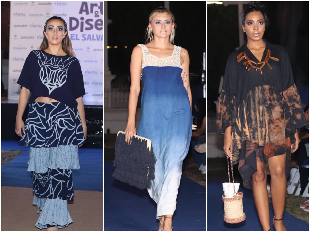 Look de Añil de la Vega, Tierra Azul con bolso de Ávalos y accesorios de Granalla, y Bismuto junto a Handma, deslumbraron en la pasarela del añil en Suchitoto.