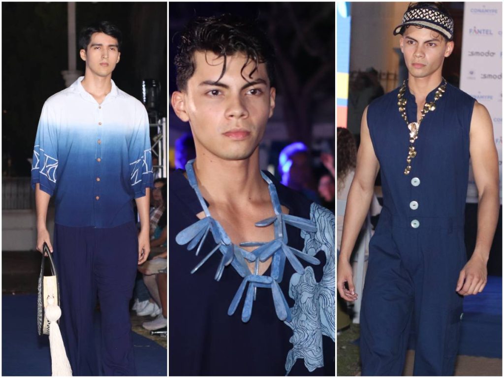 Moda masculina en la pasarela del añil: Añil de la Vega con bolso de Ávalos, camisa con collar de Chiboleta y un entrizo de Luna Azul con visera de Ávalos y collar de Granalla.