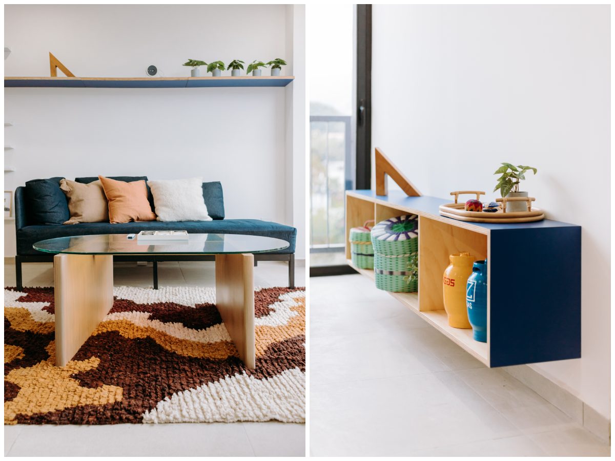 El uso de madera, tejidos naturales y acentos de color resultan armoniosos para un apartamento urbano contemporáneo.