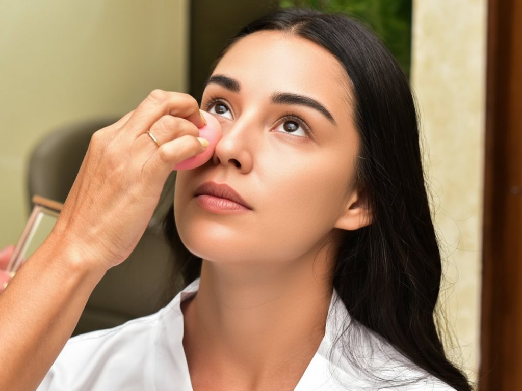 Aplicación de base ligera con esponja para unificar el tono y lograr el efecto “piel primero”: preparación esencial para un maquillaje natural y luminoso.