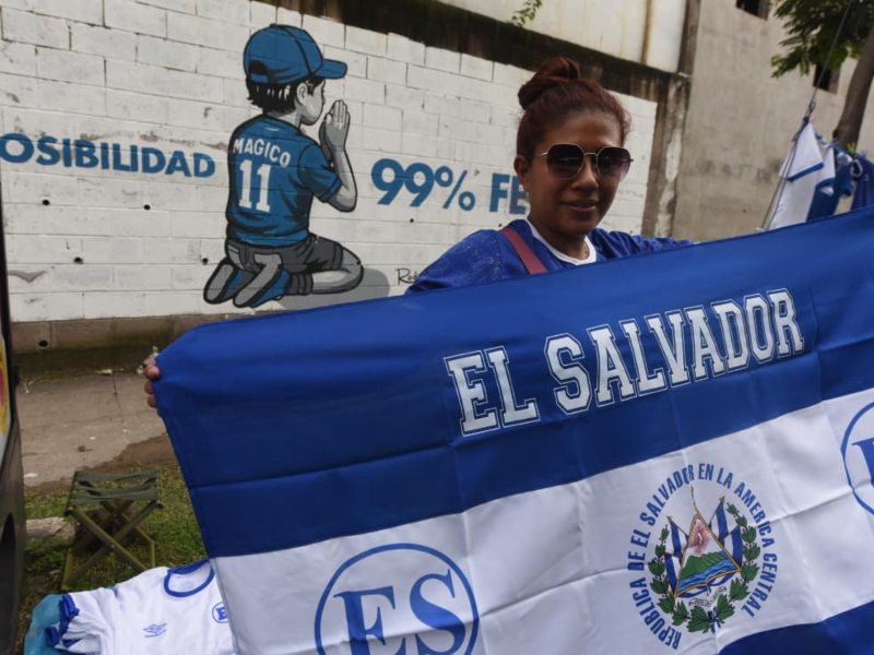 Con la bandera en alto la aficionada refleja el optimismo y la fe inquebrantable de todo un país en su selección.