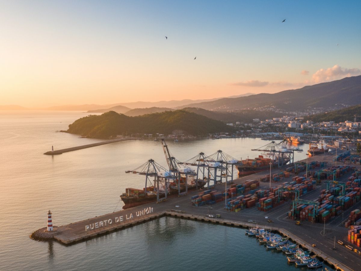 Imagen ilustrativa del muelle principal del puerto de La Unión durante maniobras de carga. / Foto IA.