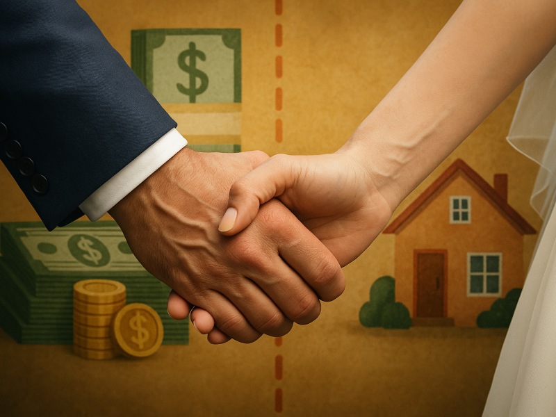 Ilustración sobre el matrimonio y la división de bienes. / Imagen generada con IA