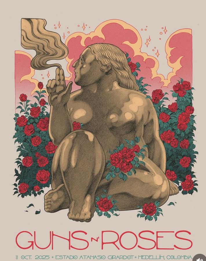 Inspirado en la obra de Fernando Botero, el póster de Medellín presenta una figura escultórica rodeada de rosas, con un fondo onírico y elegante que contrasta con el espíritu rebelde de la banda.