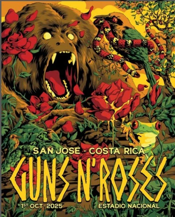 El afiche del concierto en San José destaca la riqueza natural costarricense con un estilo psicodélico lleno de animales icónicos como el simio, la serpiente coral y la rana de ojos rojos.