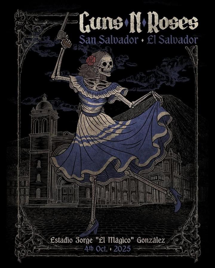 Una calavera vestida con traje típico baila frente a la Catedral de San Salvador, en un diseño que mezcla folclore, historia y la estética oscura del rock.