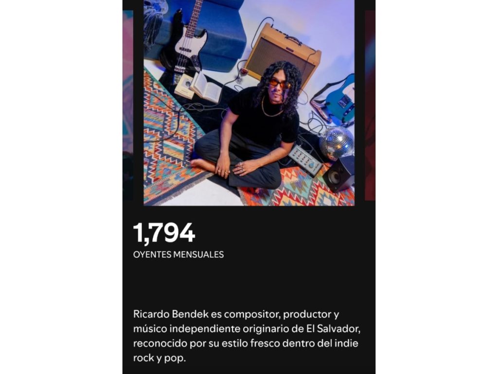 Perfil de Ricardo Bendek en Spotify, donde el artista acumula cerca de 1,800 oyentes mensuales. Imagen/ Spotify