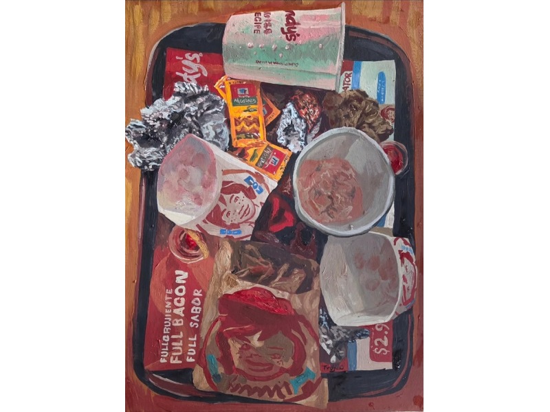 Cada obra de Trujillo nace de una escena observada o recordada: una madre en una tienda, un amigo en el bus, un momento común transformado en arte.