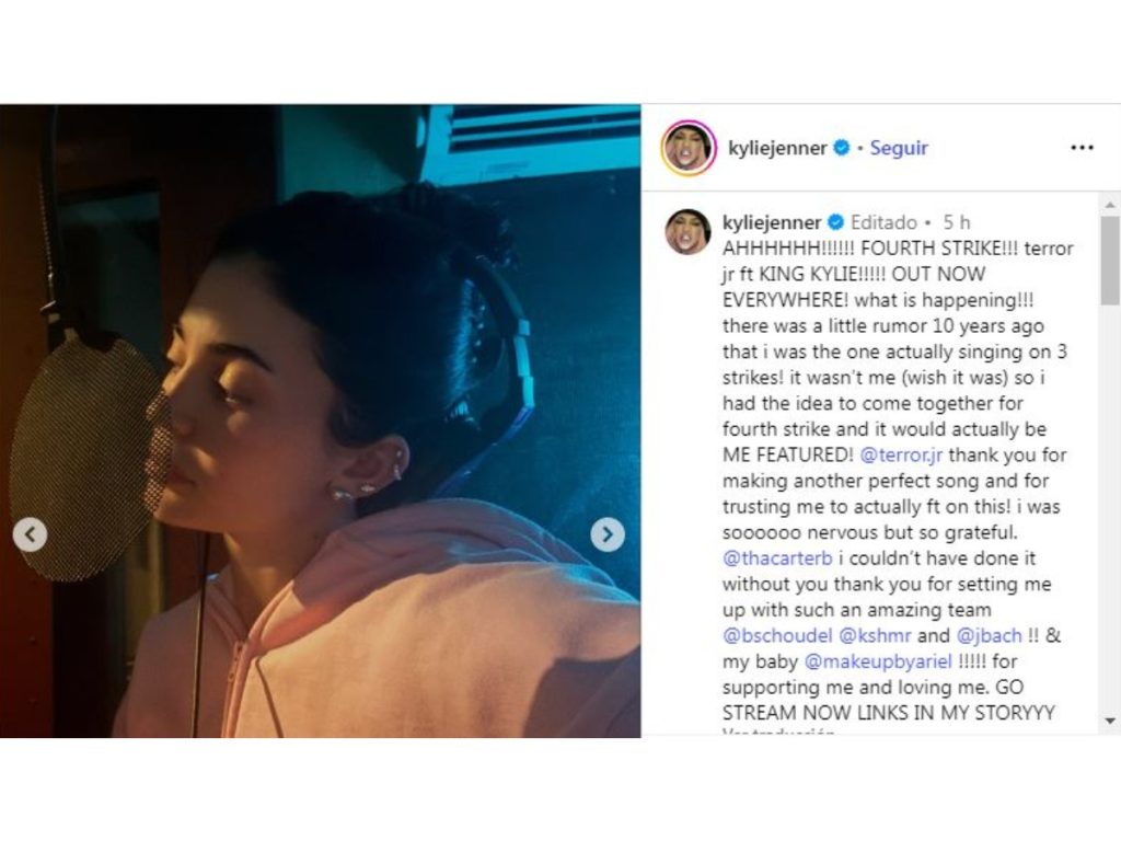 Kylie Jenner presentó su primera canción, “Fourth Strike”, junto al dúo pop Terror Jr., marcando su debut oficial en la música. Imagen/ Instagram Kylie Jenner